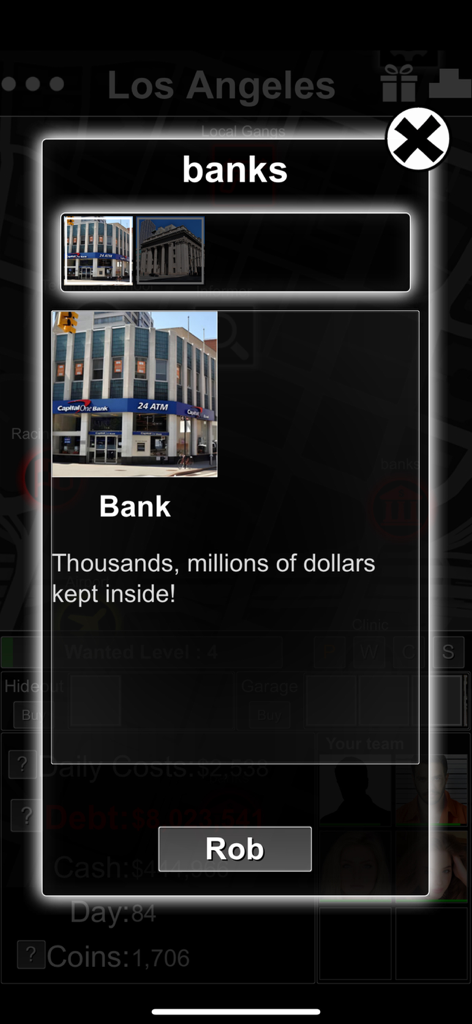 Crime Life Simulator -Text GTA - A game screenshot showing the bank robbery interface in Crime Life Simulator with a Rob button