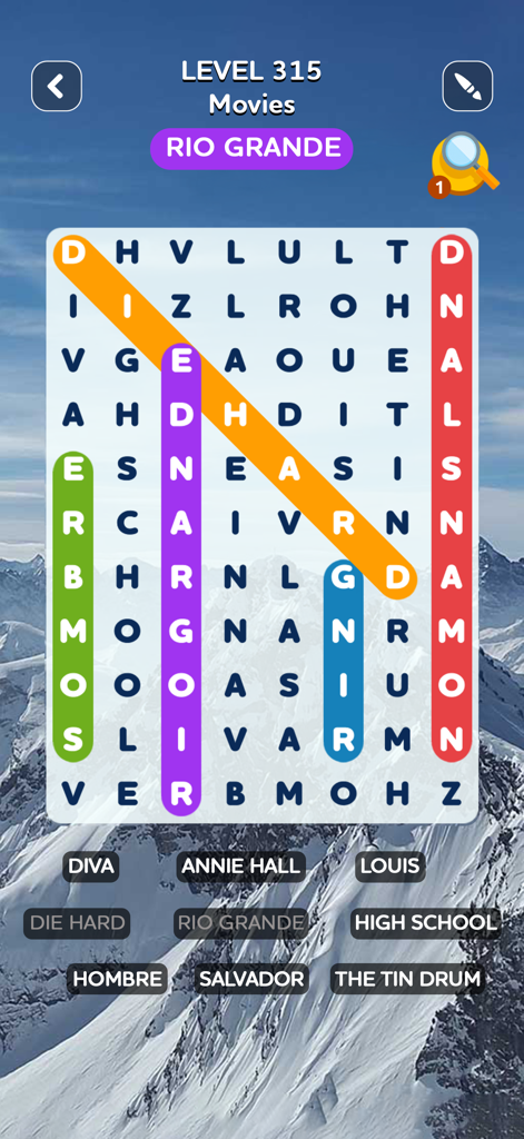 Word Search Quest Puzzles - Word search puzzle gameplay with a snowy mountain background and movie themed words