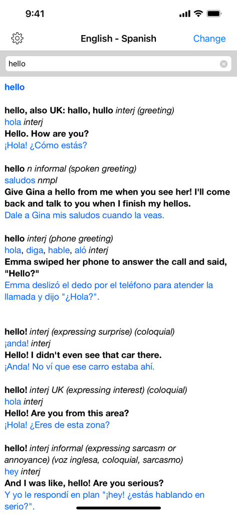 Spanish – English Dictionary - Screenshot of the Spanish-English dictionary app displaying translation results for the word hello with multiple context examples