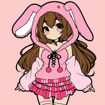 pretty anime girl wearing a fluffy hoodie with bunny ears on the hood and a skirt
