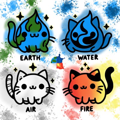 4 cats that represent the different elements, earth, water, air, and fire