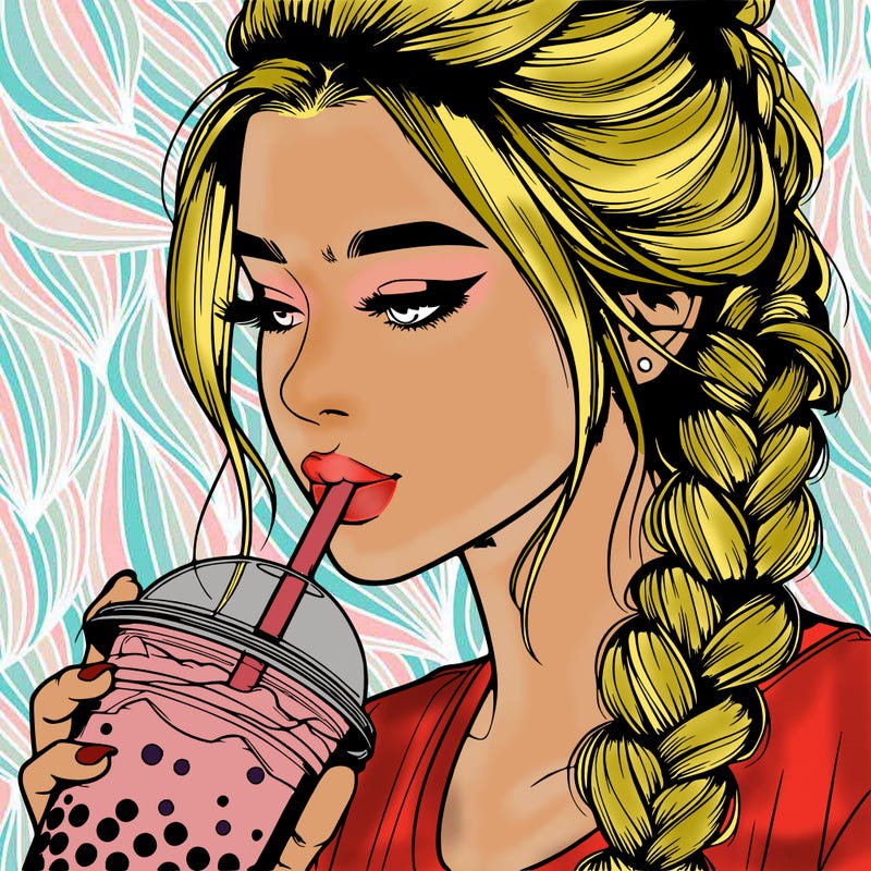 realistic girl drinking boba tea with braided hair