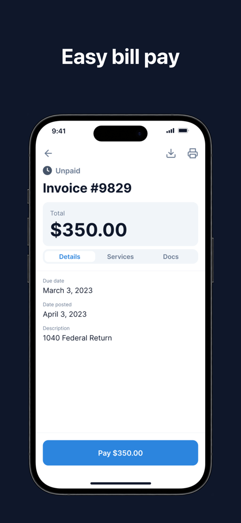 TaxDome Client Portal - Mobile screen showing a tax service invoice with an easy pay button