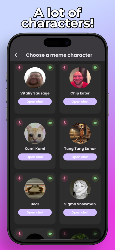 Meme Chat – Fun Video Calls - A screen in the Meme Chat app showing various internet meme characters available for simulated video calls