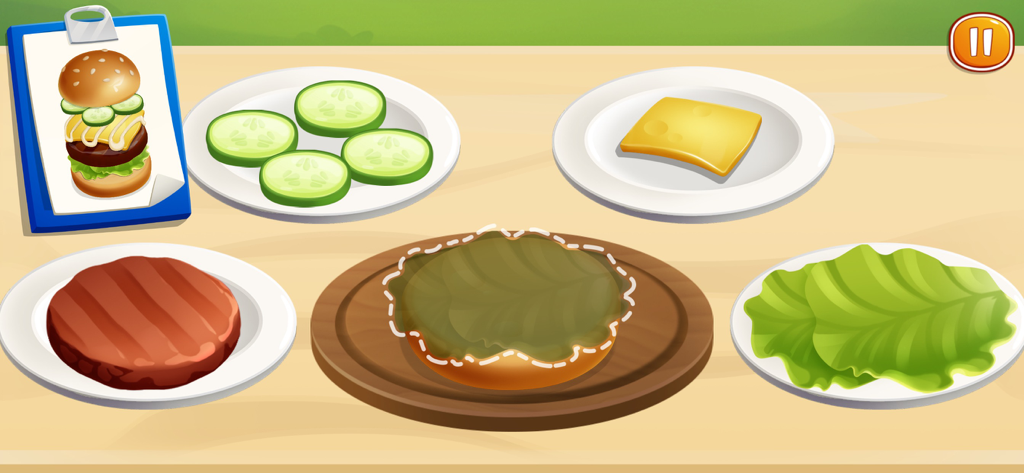 Burger preparation screen with various ingredients in Vlad and Niki Cafe Game
