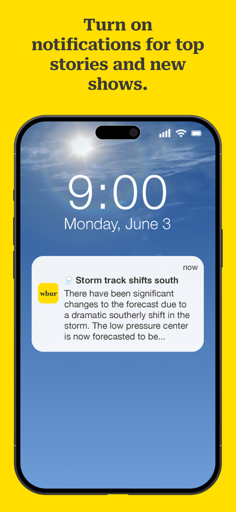 iPhone lock screen showing a WBUR push notification with a local weather update about a storm track shift