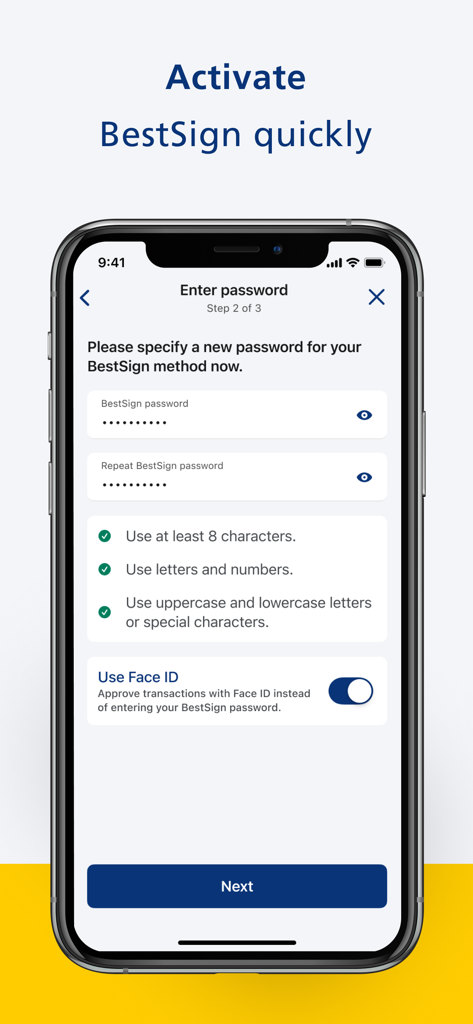Postbank BestSign app screen for setting up a secure password and activating Face ID authentication.