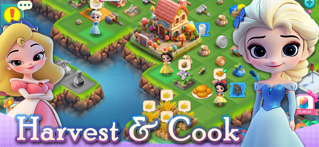 Merge Isle: Magic Princess - Merge Isle Magic Princess gameplay showing princess characters with harvesting and cooking mechanics