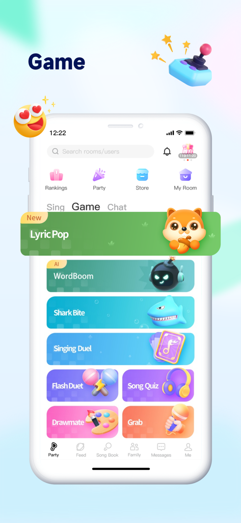 全民party-語音聊天匿名交友軟體，配對約會app - Mobile screen of Quanmin Party app showing social mini games like Lyric Pop and WordBoom