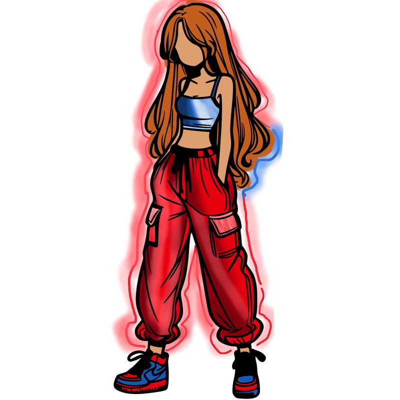 girl in baggy pants crop top and long hair