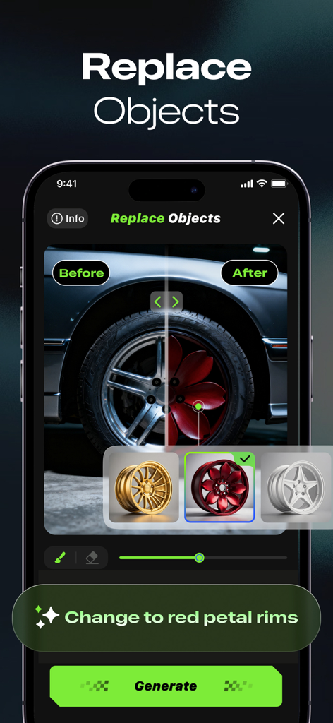 Car Editor & AI Car Designer - Mobile app interface showing the AI replacement of car rims with a red petal design