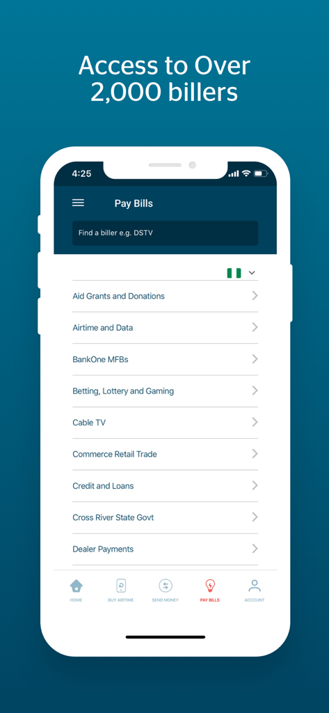 Quickteller -Payments & Wallet - Mobile screen of the Quickteller app showing the Pay Bills interface with various categories like Airtime, Data, and Cable TV.