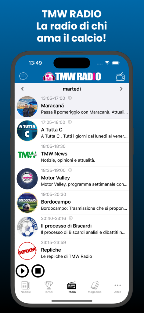 L'Interista - L Interista app interface showing the TMW Radio daily broadcast schedule