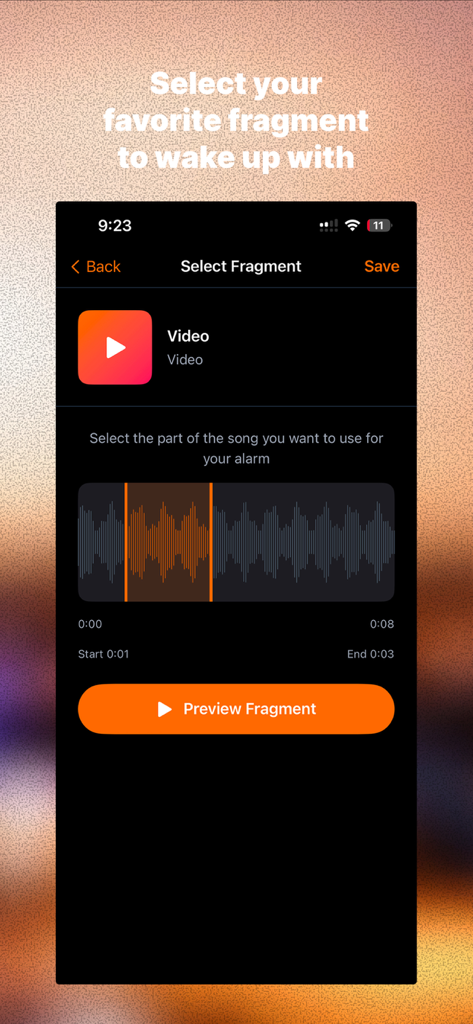 カスタムアラーム用の曲の特定の部分を選択およびプレビューする方法を示すインターフェース。