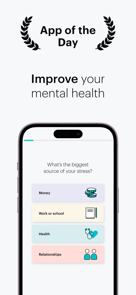 Balance: Meditation & Sleep - Balance app screen asking users to identify their main source of stress from categories like money, work, health, and relationships.