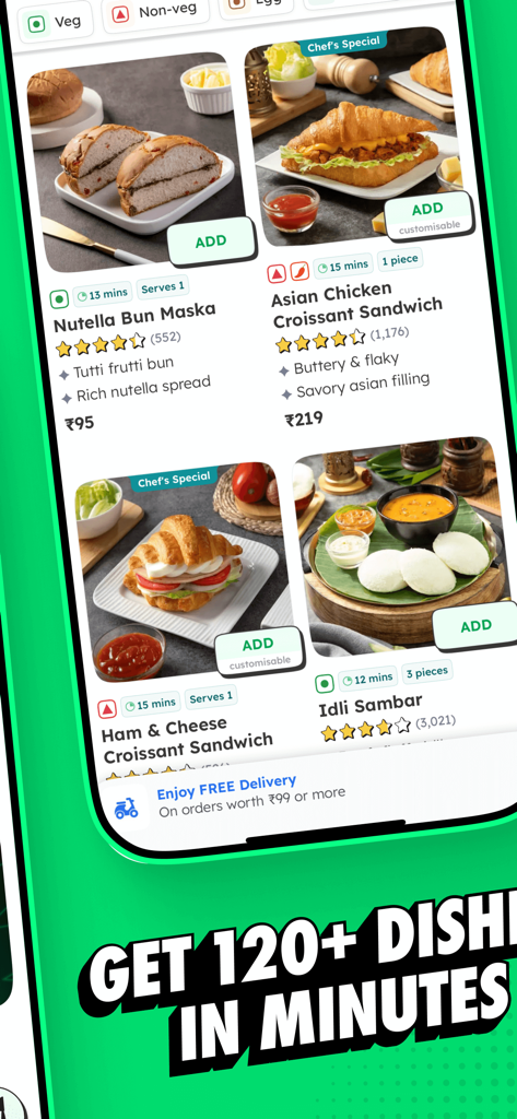 Bistro: Food in minutes - Bistro app interface showing diverse food menu items with fast delivery times and ratings