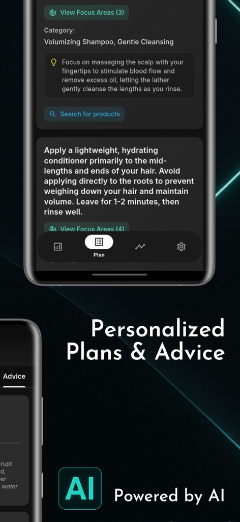 Hair Guru - AI Scalp/Hair Scan - Smartphone screen showing a personalized hair care plan and AI-powered scalp health advice.