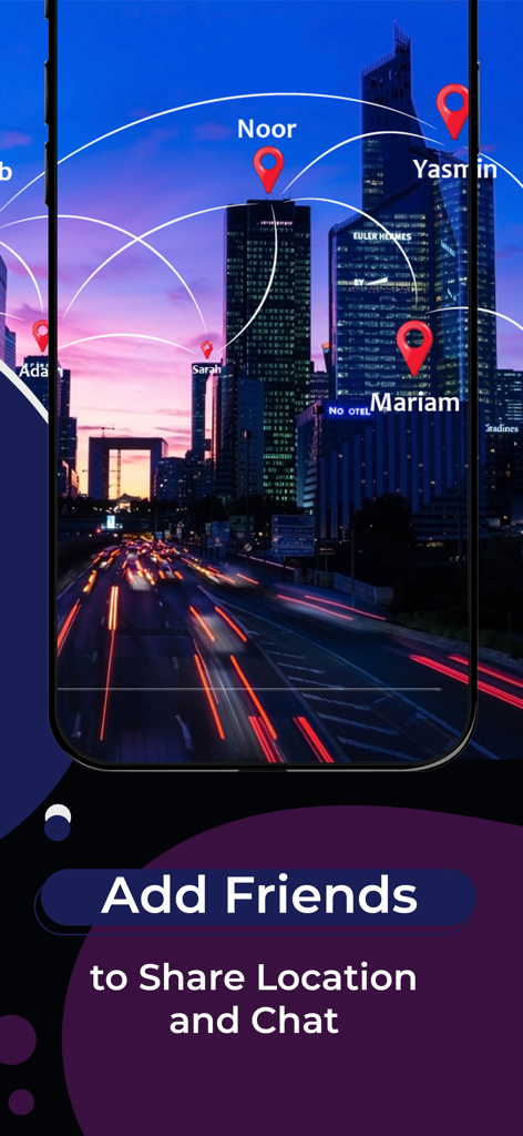 Phone tracker• Find My Friends - Phone Tracker app screen showing location pins for friends on a city map and a button to add friends.