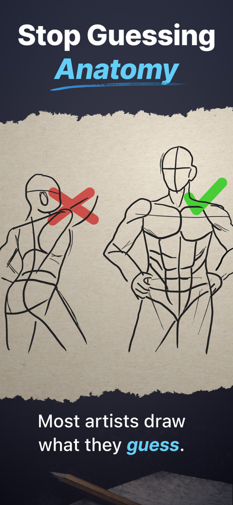 3D Pose Reference & Easy Poser - Una imagen que muestra una comparación entre una figura mal dibujada y un estudio anatómico correcto de un torso humano.