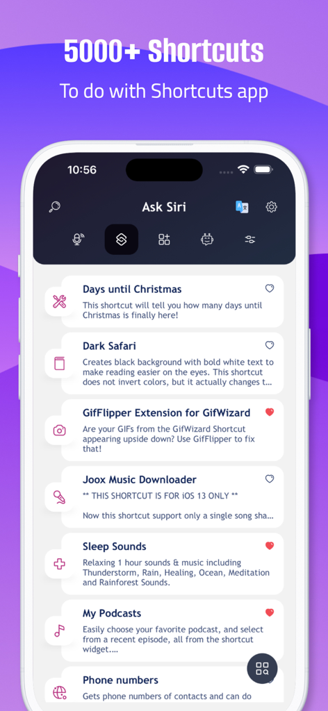 Ask app for Siri for use - A list of curated shortcuts for Siri on an iPhone screen including sleep sounds and podcasts