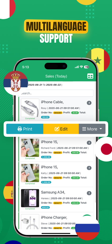 Interface do aplicativo Registro Diário de Vendas mostrando lista de rastreamento de vendas com várias bandeiras nacionais representando suporte multilíngue.