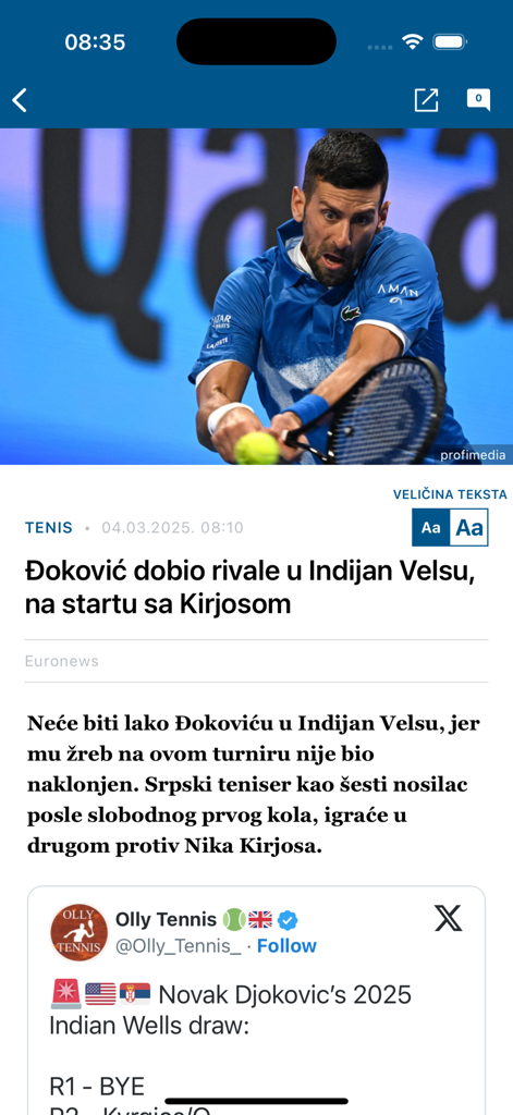 Article d'actualité sur Novak Djokovic sur l'interface de l'application mobile Euronews Serbie.