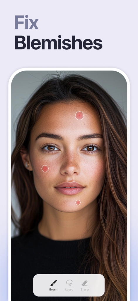 Retouch: AI Object Remover - App screen showing the AI blemish removal tool on a female portrait