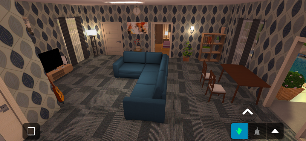 Design d'intérieur de salon moderne avec canapé bleu et papier peint à motifs dans le jeu House Designer