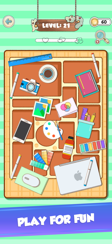Arrange Them Little Right 2 - Cozy puzzle game level with scattered desk items and art supplies to be organized