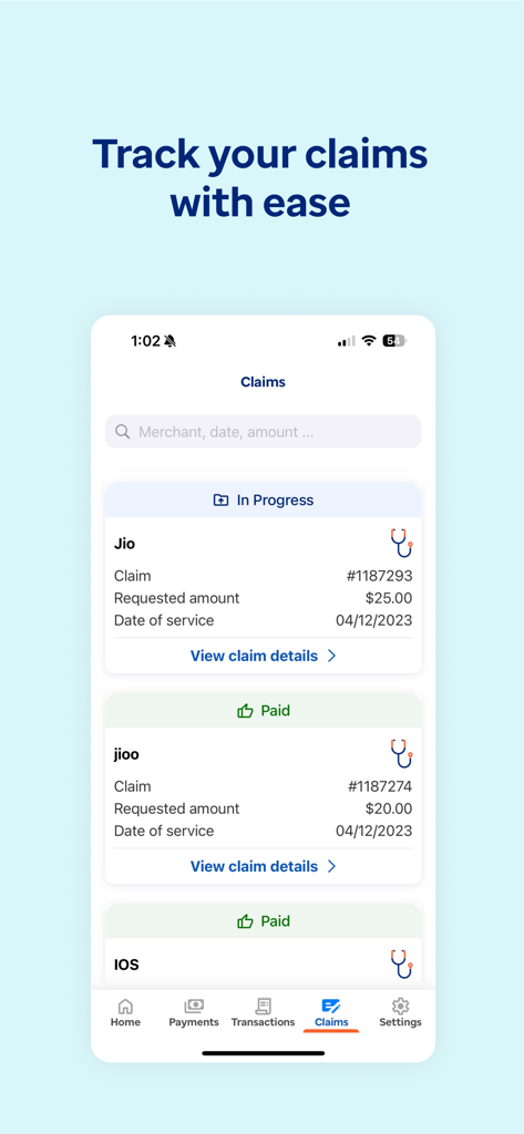 Mobile app screen showing a list of healthcare claims with statuses like in progress and paid within the Optum Financial app