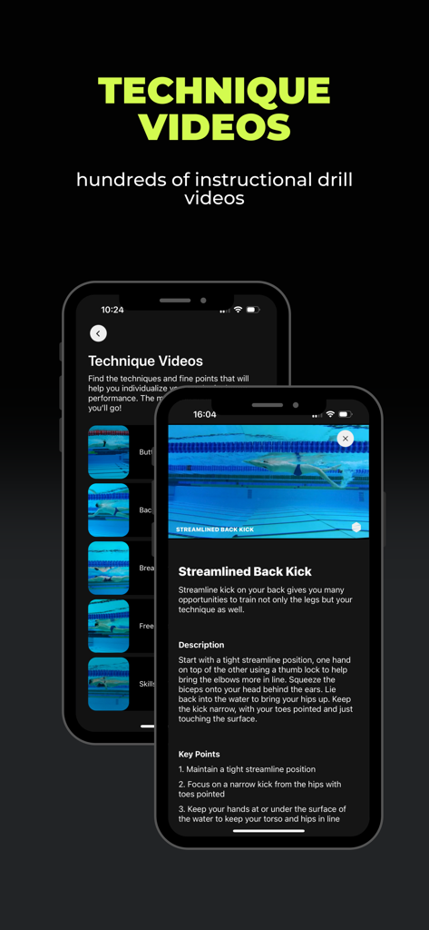 DuoSwim app screens showing the technique video library and a detailed streamlined back kick drill description.