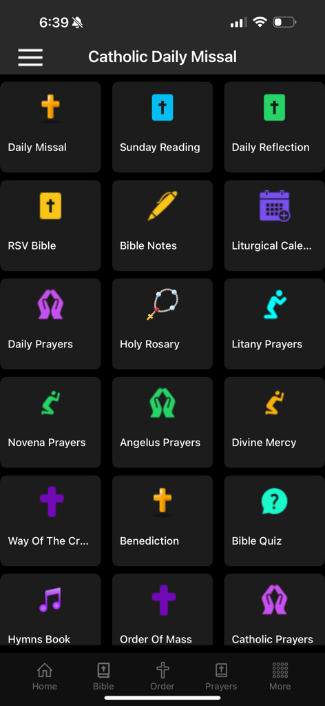 Catholic Missal & Prayer 2026 - Home screen of the Catholic Daily Missal app with icons for Daily Missal, Bible, Holy Rosary, and other Catholic prayers