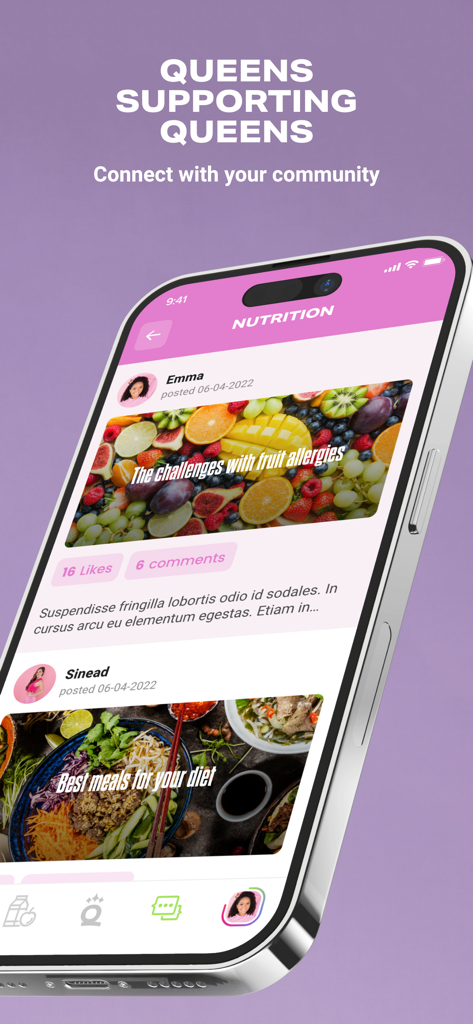 QDQ - QDQアプリの栄養フォーラム画面。女性向けの健康的な食事の投稿とコミュニティのディスカッションを表示