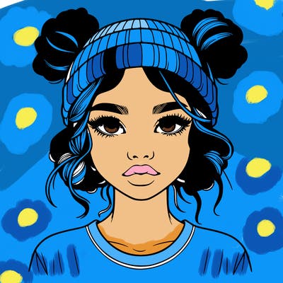 realistic girl with buns in her hair with a beanie on