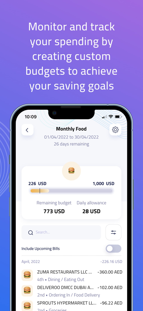 Crunch : Money Manager - Dashboard of the Crunch money manager app showing a monthly food budget with expenses and daily allowance.