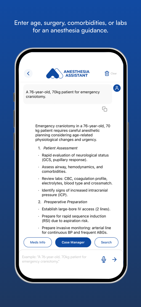 NYSORA Anesthesia Assistant app interface showing detailed clinical guidance for an emergency craniotomy case