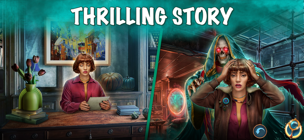 Hidden Objects: Mysteries F2P - Emily Rivers investigando un misterio mientras un esqueleto encapuchado se cierne en el fondo