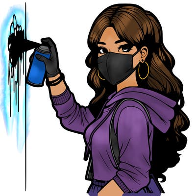 realistic girl with mask spray painting a wall