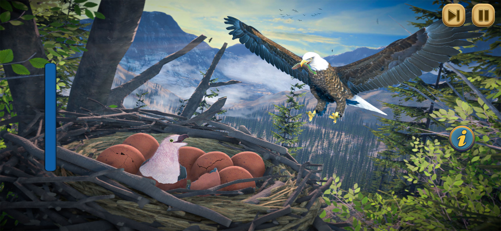 Eagle Bird Wild Life Sim Games - An adult bald eagle flying towards its nest with food to feed a newborn chick in a mountain landscape