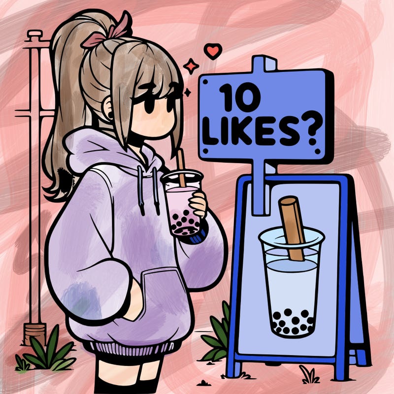 girl with oversized hoodie drinking boba and she has a high ponytail with a sign that says 10likes?