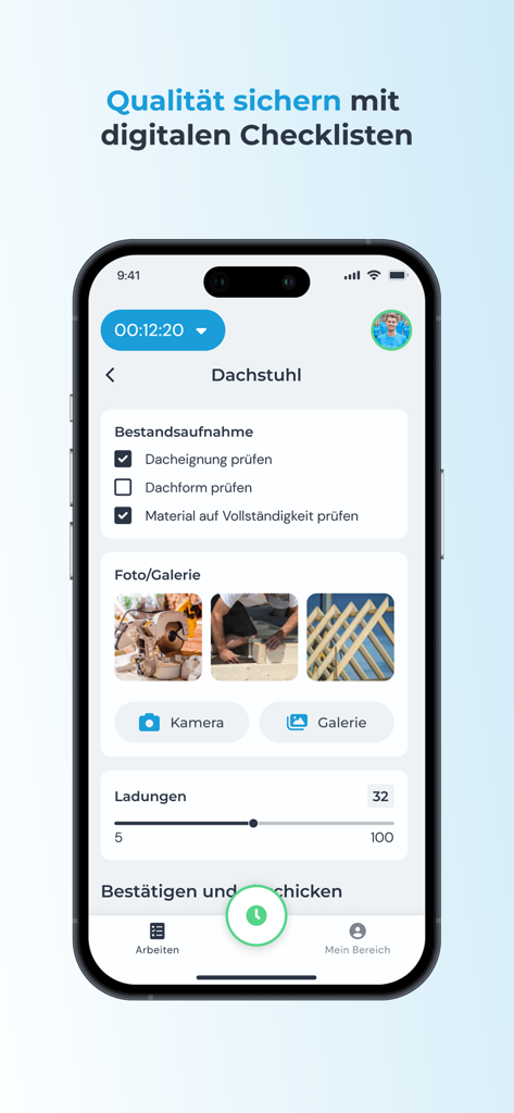 clockin – Zeiterfassung - Mobile interface of clockin app showing a digital checklist and photo gallery for a construction project.