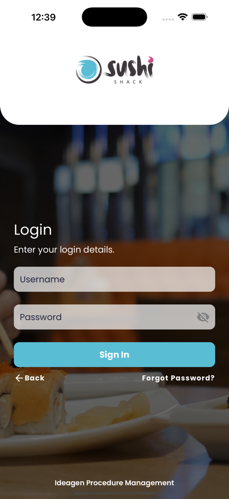 Ideagen Procedure Management - Login screen for Ideagen Procedure Management app with Sushi Shack branding
