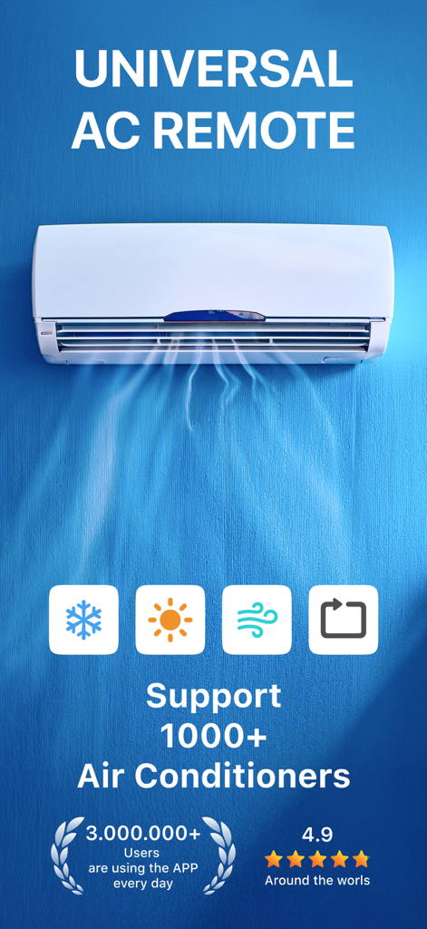 Universal AC Remote Control app showing support for 1000 plus air conditioner models and a 4.9 rating