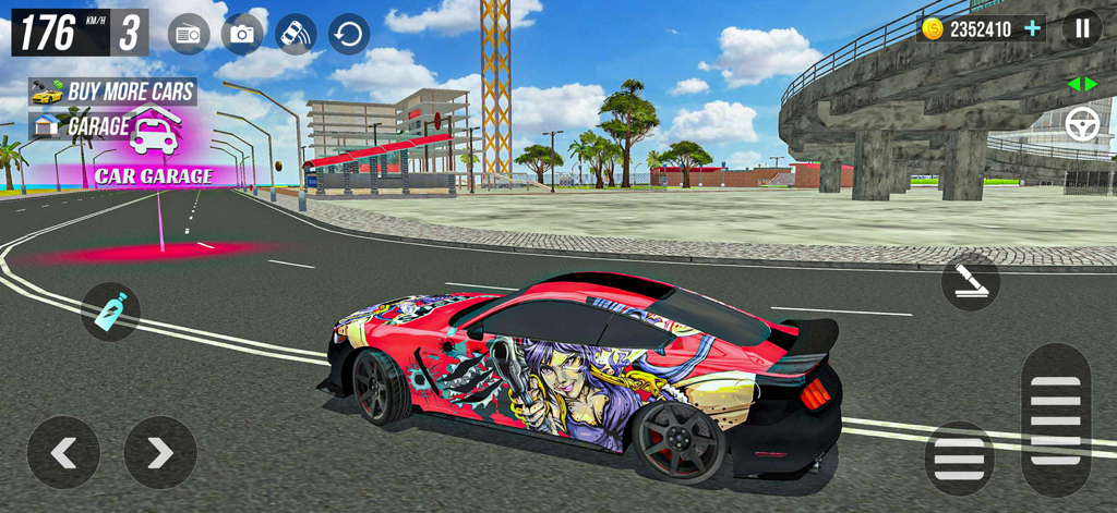 Un coche deportivo rojo con calcomanías de anime en el juego móvil Car Driving Real Drag Racing