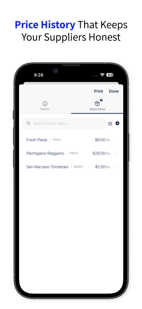 Plate Pro app screen displaying ingredient costs and supplier management details