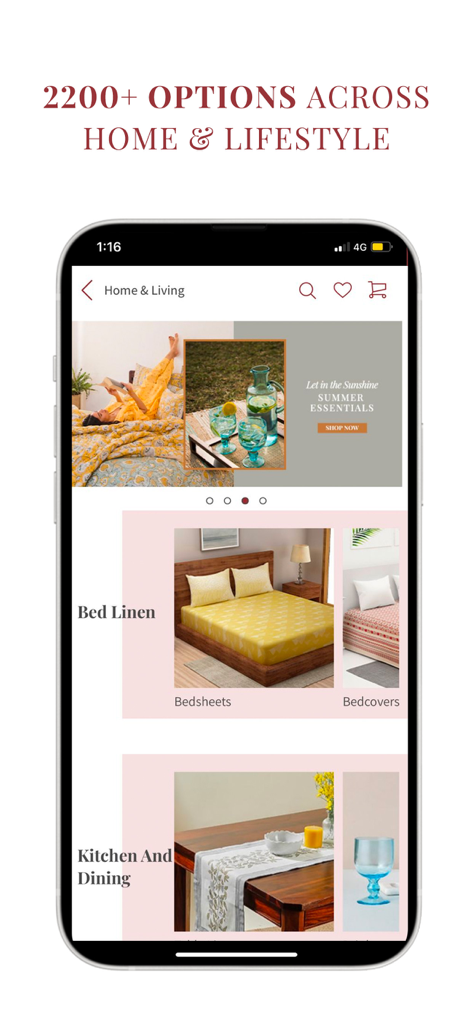 Fabindia Online Shopping - Fabindia online shopping app displaying home and lifestyle products like bed sheets and dining decor