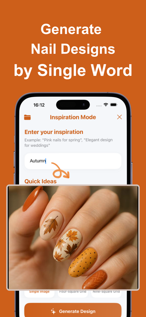 A mobile app interface showing a user typing Autumn into a search bar and receiving AI-generated nail art designs featuring autumn leaf patterns.