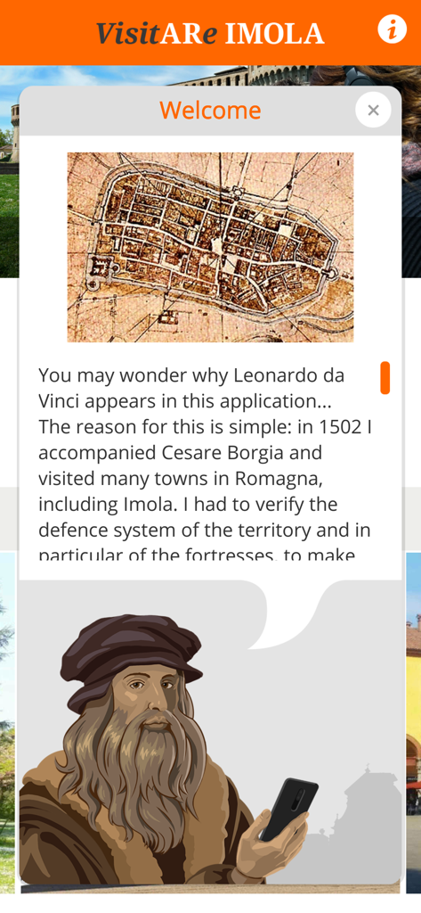 Pantalla de bienvenida de la aplicación VisitARe Imola con un dibujo animado de Leonardo da Vinci sosteniendo un smartphone y un mapa histórico de la ciudad
