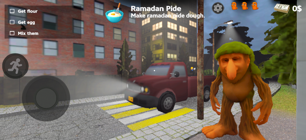 A large orange creature with a green hat standing near a red truck in the game Tung Tung Sahur