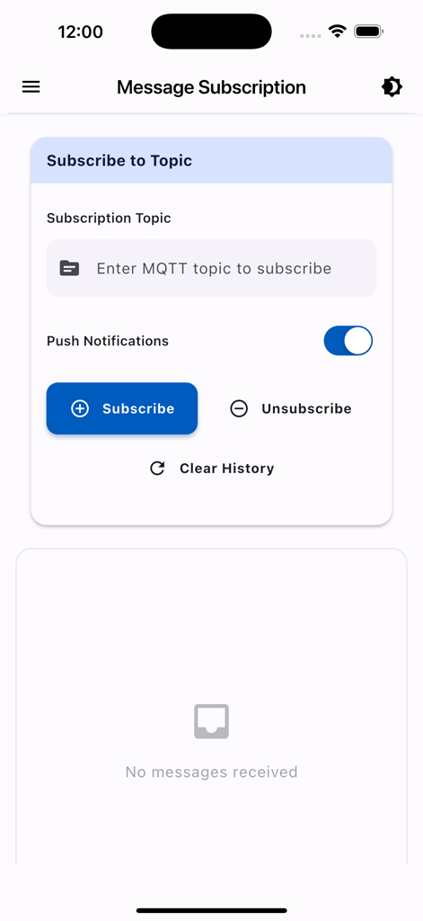 MQTT Checker app screen for message subscription and topic management
